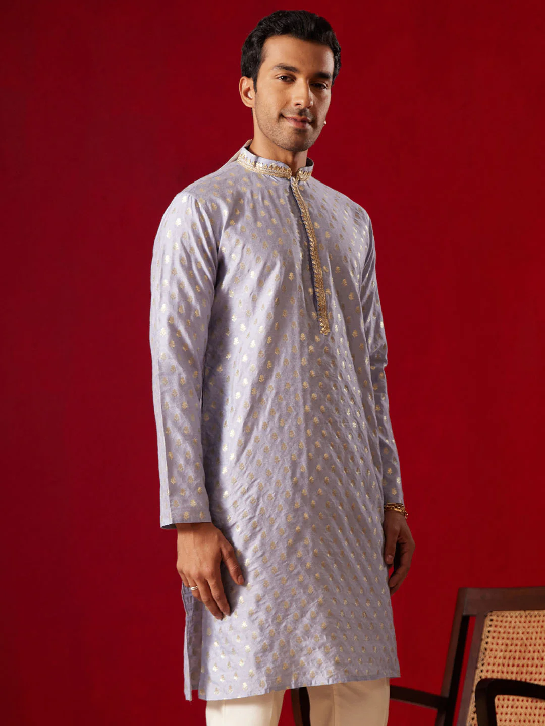 Men's Aqua Blue Silk Blend Jacquard Kurta - Image 2