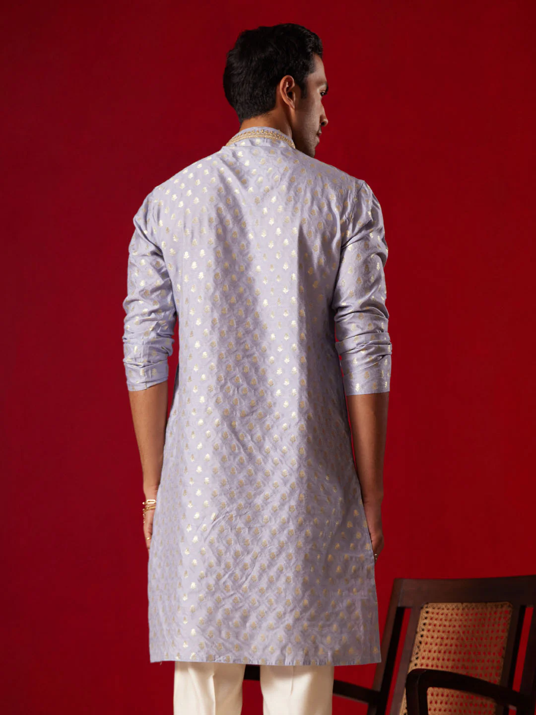 Men's Aqua Blue Silk Blend Jacquard Kurta - Image 3