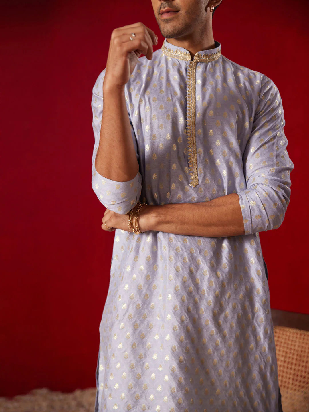 Men's Aqua Blue Silk Blend Jacquard Kurta - Image 4