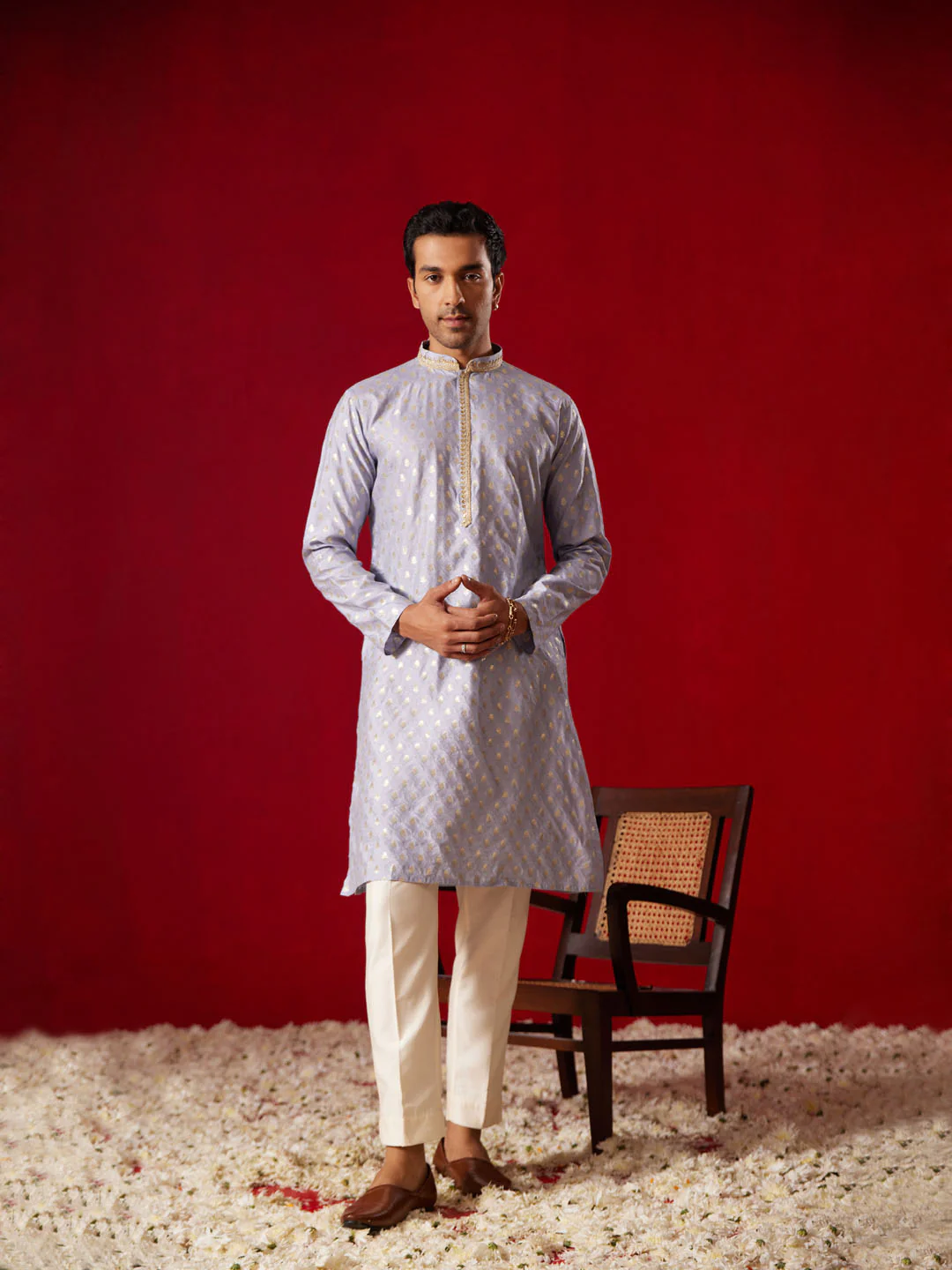 Men's Aqua Blue Silk Blend Jacquard Kurta - Image 5