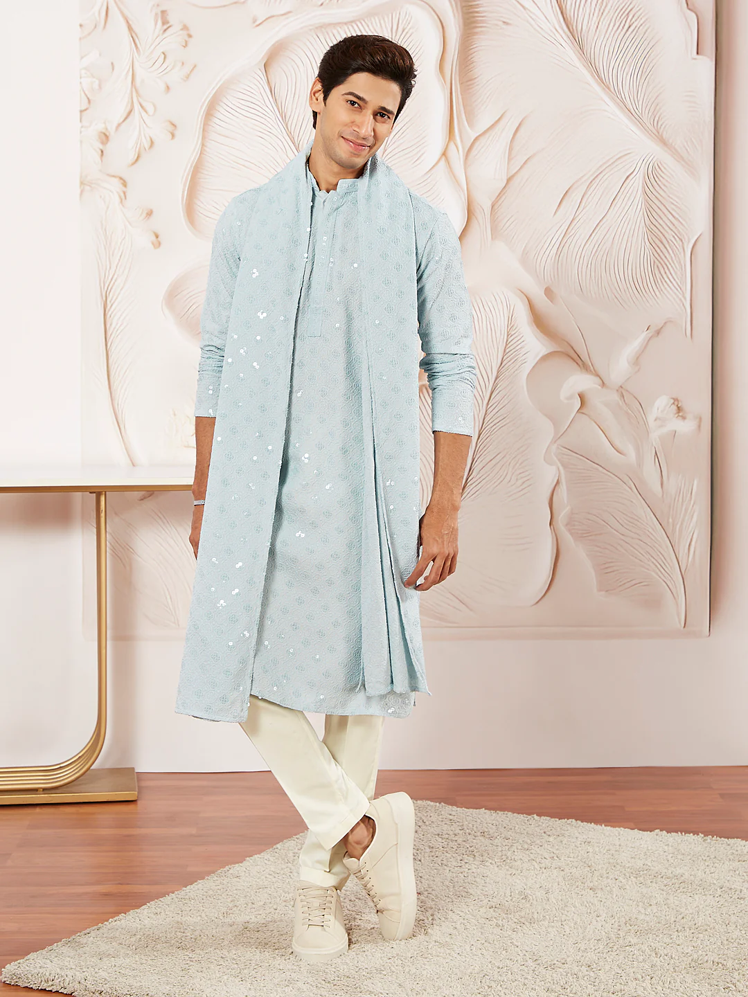 Men's Aqua Rayon Kurta Pyjama And Dupatta Set - Image 2