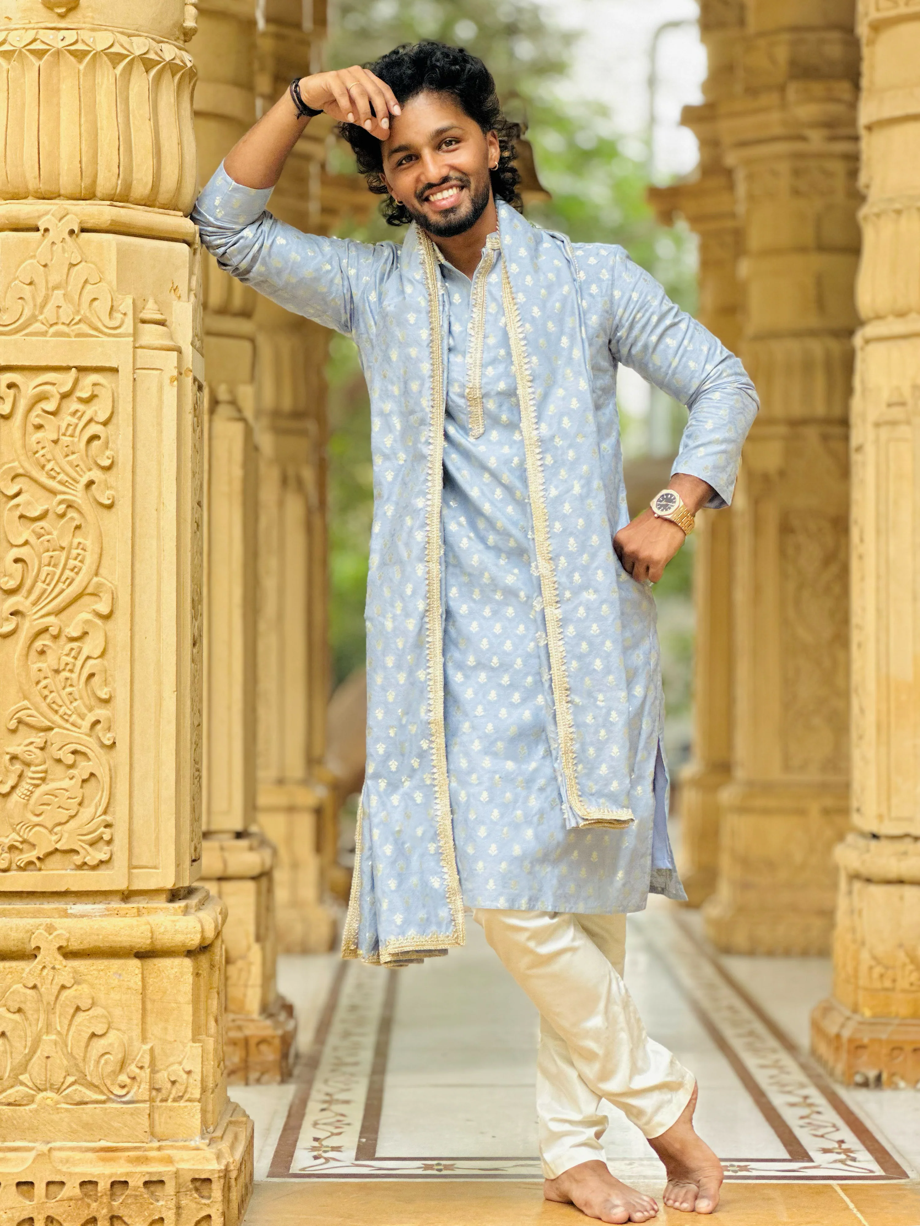 Men's Aqua Silk Blend Kurta Pyjama And Dupatta Set - Image 3