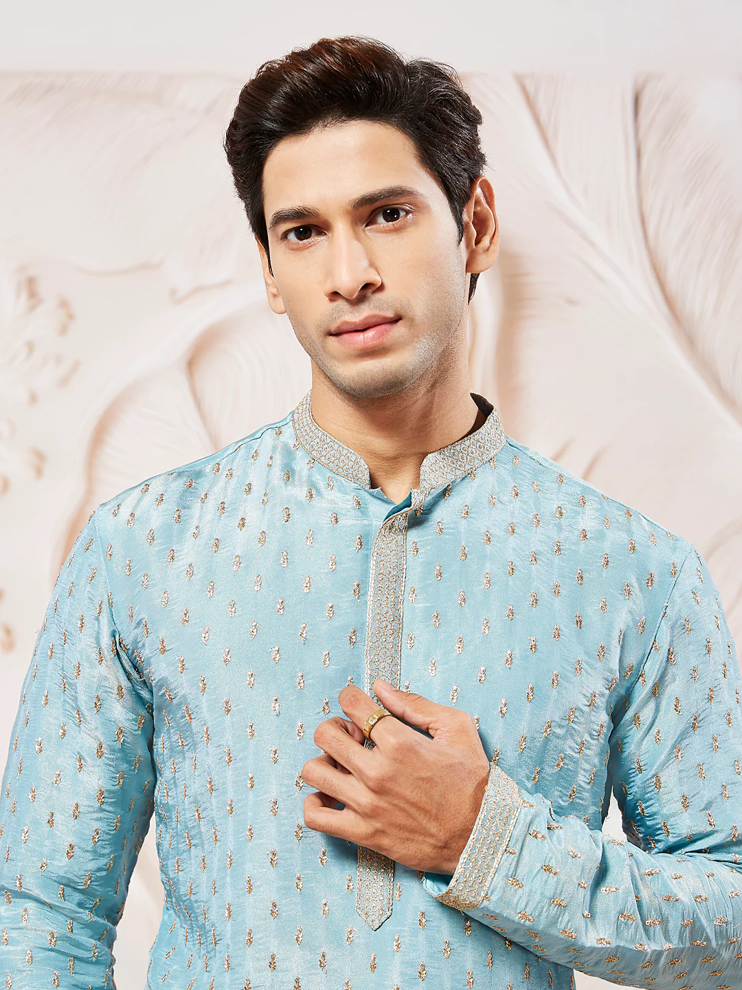Men's Aqua Tissue Silk Kurta Pyjama Set - Image 3