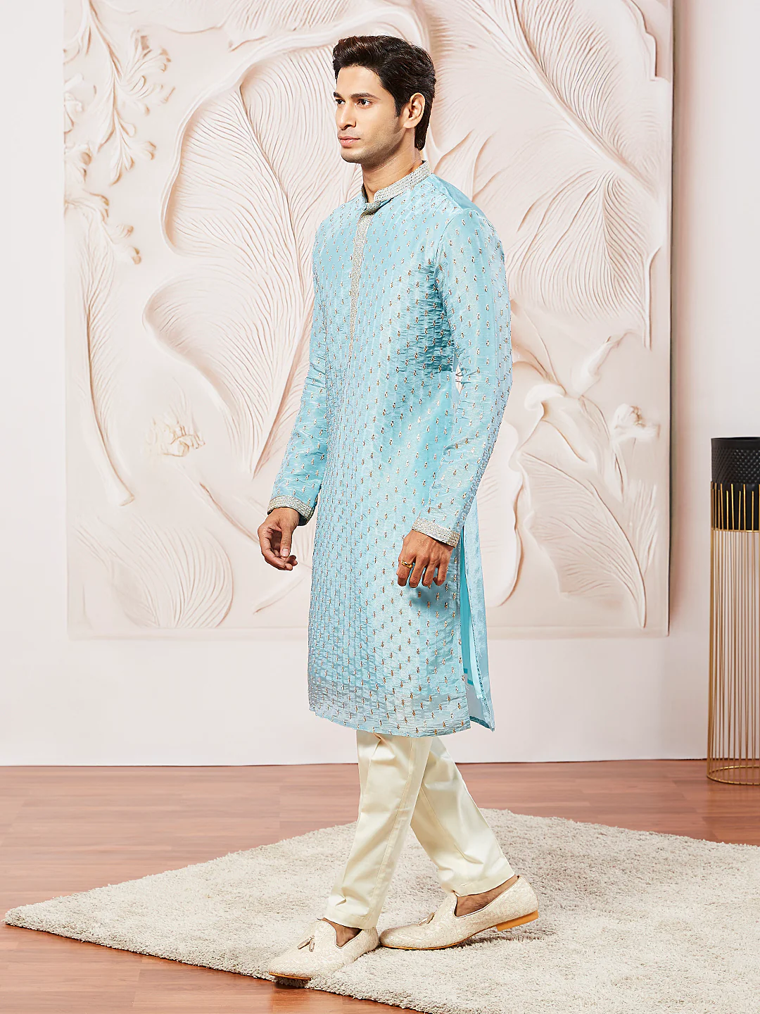 Men's Aqua Tissue Silk Kurta Pyjama Set - Image 4