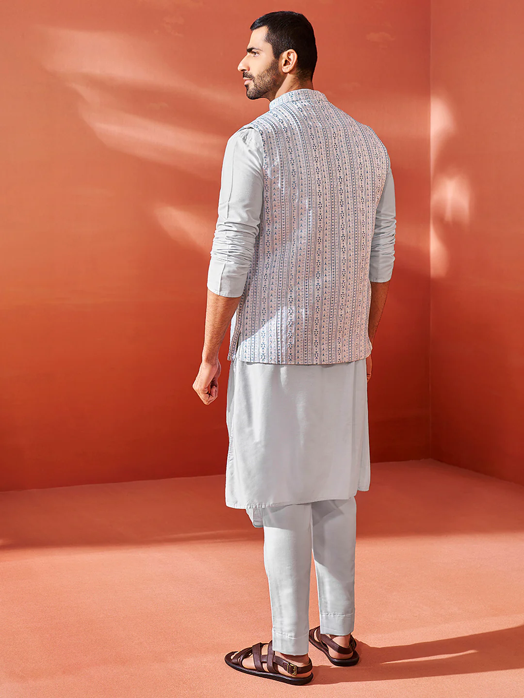 Men's Aqua Viscose Jacket,Kurta And Pyjama Set. - Image 5