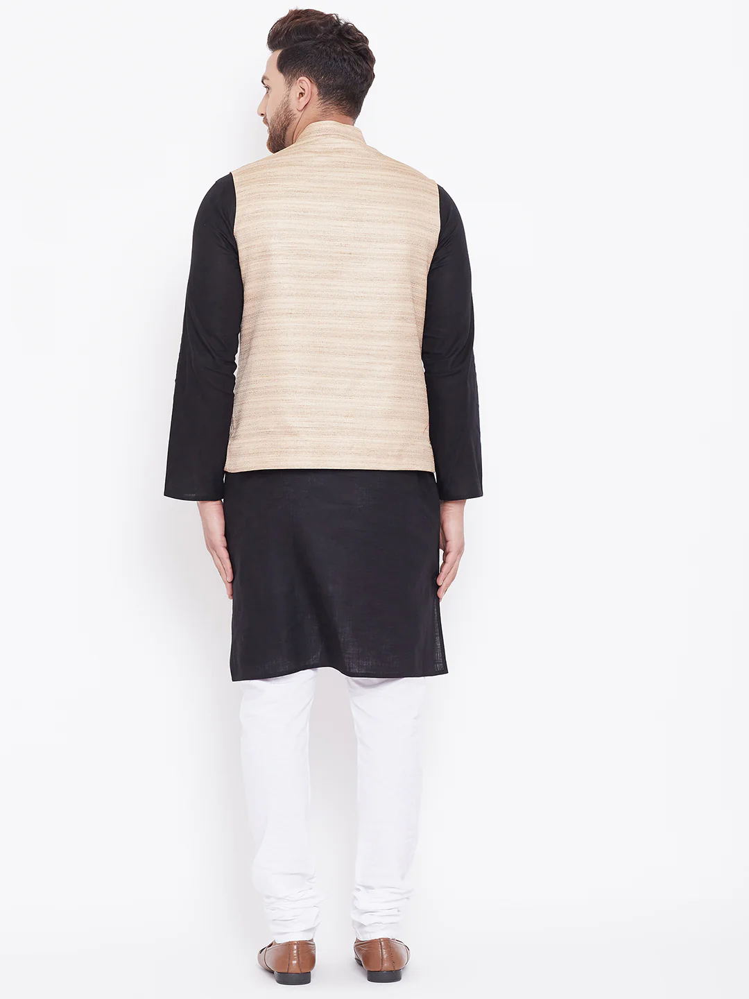 VASTRAMAY Men's Beige, Black And White Cotton Blend Jacket, Kurta and Pyjama Set - Image 3