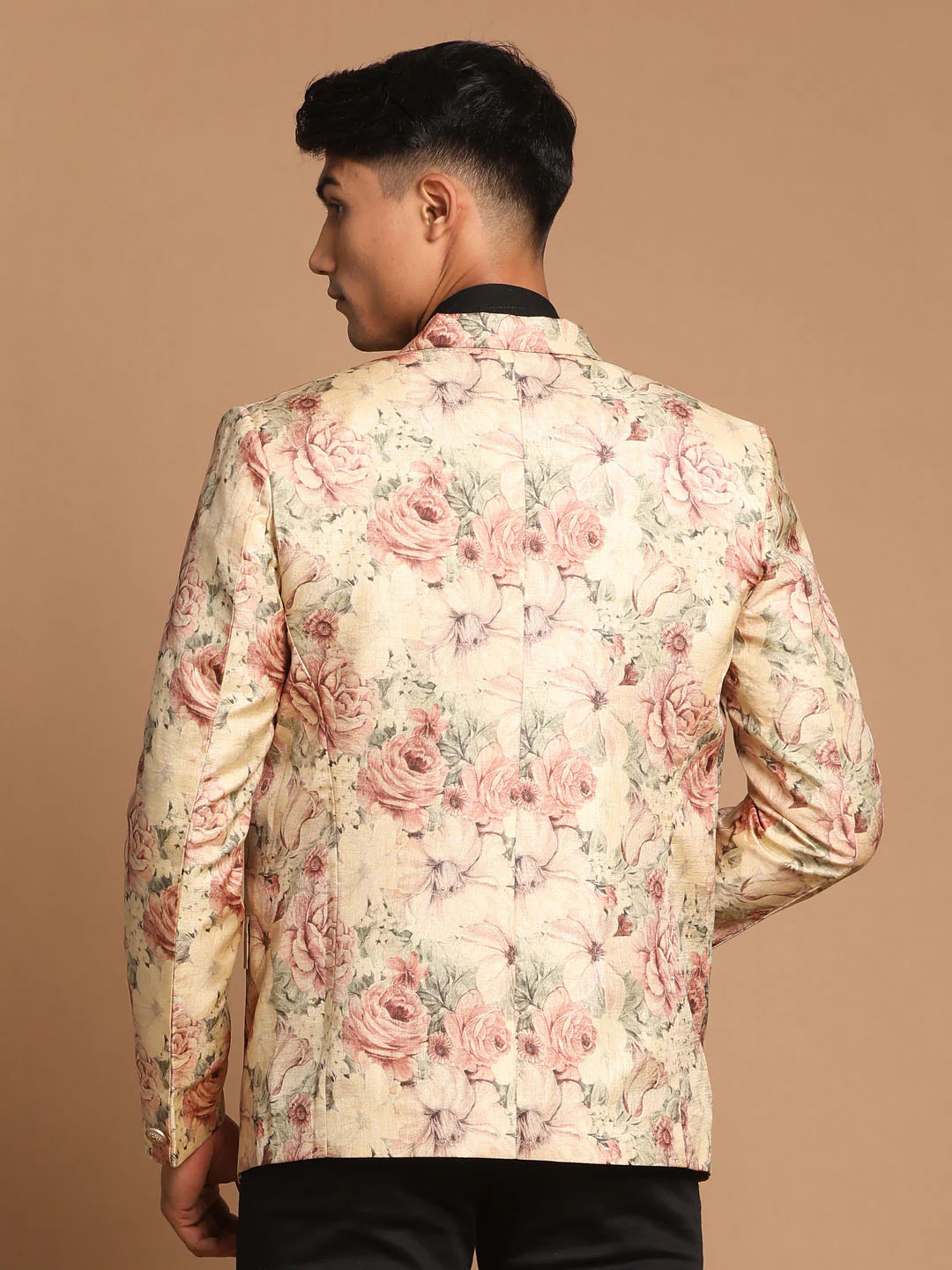 Men's Beige Silk Blend Floral Print Blazer - Image 3