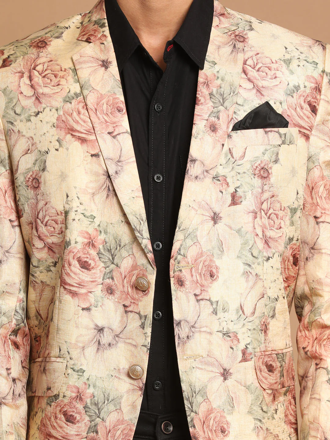 Men's Beige Silk Blend Floral Print Blazer - Image 4
