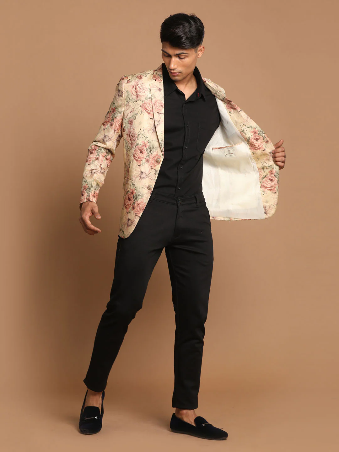 Men's Beige Silk Blend Floral Print Blazer - Image 5