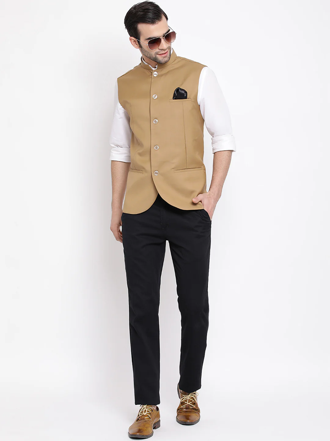 Men' S Beige Cotton Blend Twill Nehru Jacket - Image 6