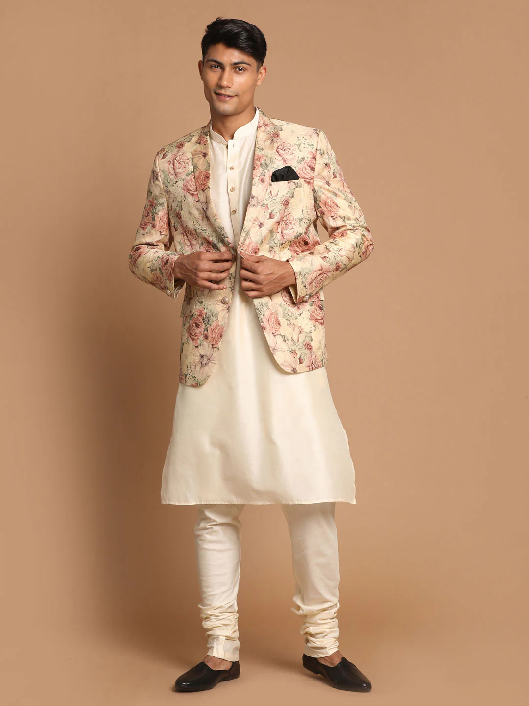 Men's Beige Floral Print Blazer And Cream Solid Kurta With Pajama Set - Image 2