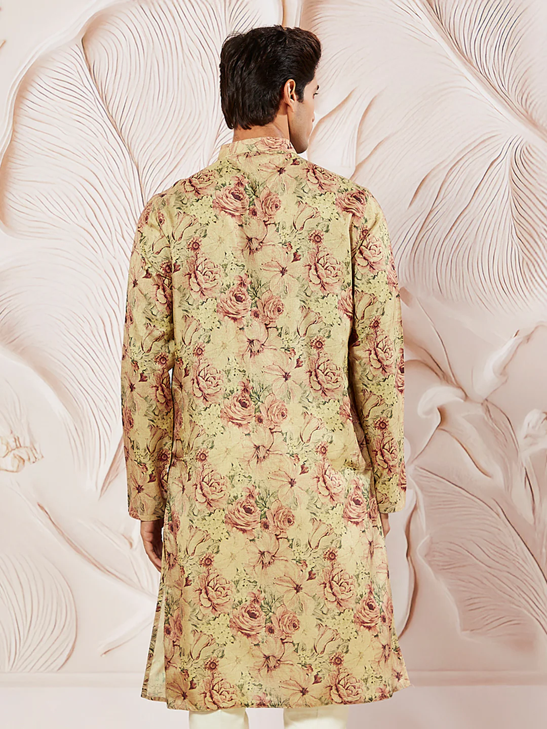 Men's Beige Floral Printed Straight Kurta - Image 4