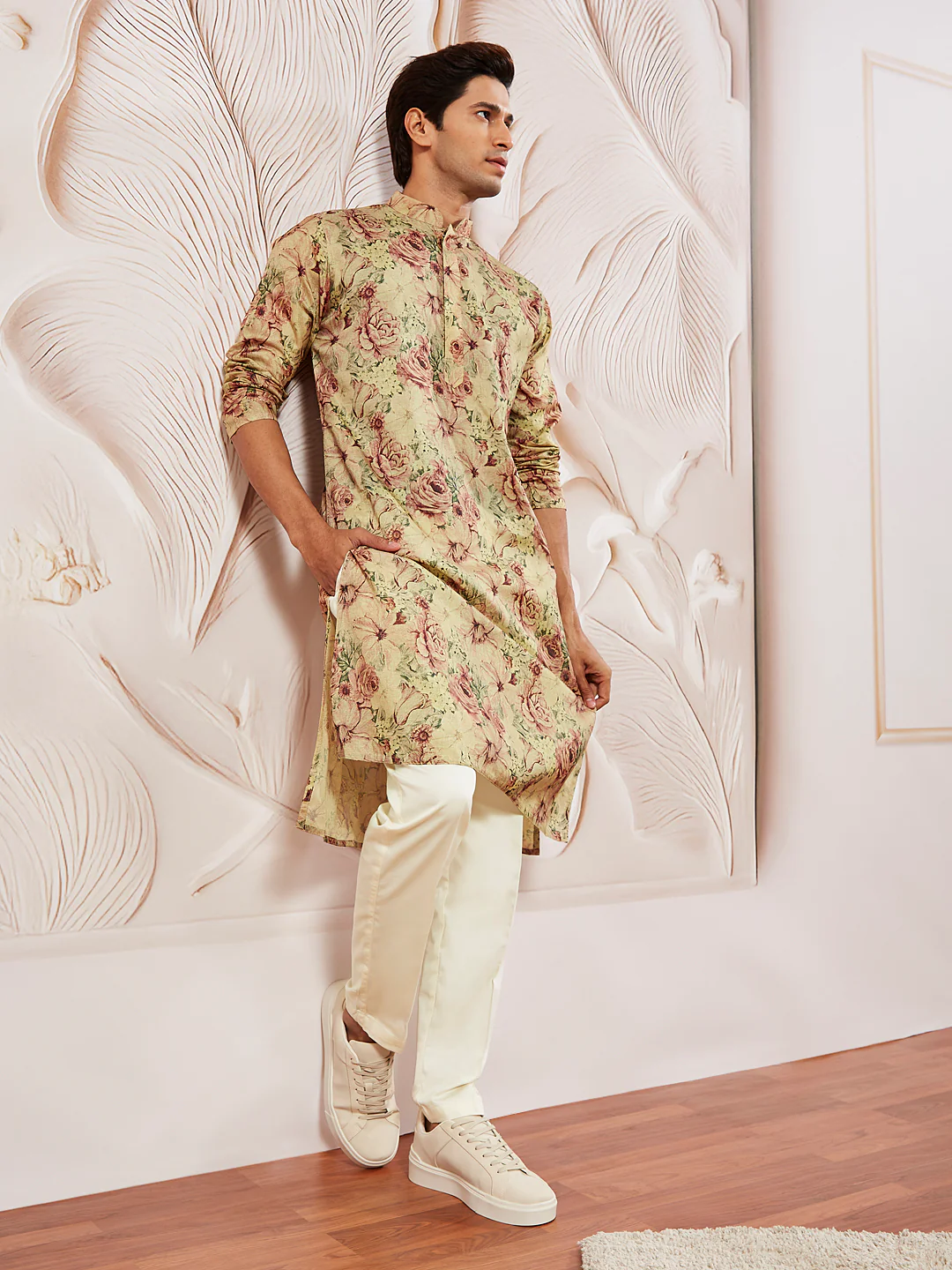 Men's Beige Floral Printed Straight Kurta - Image 5