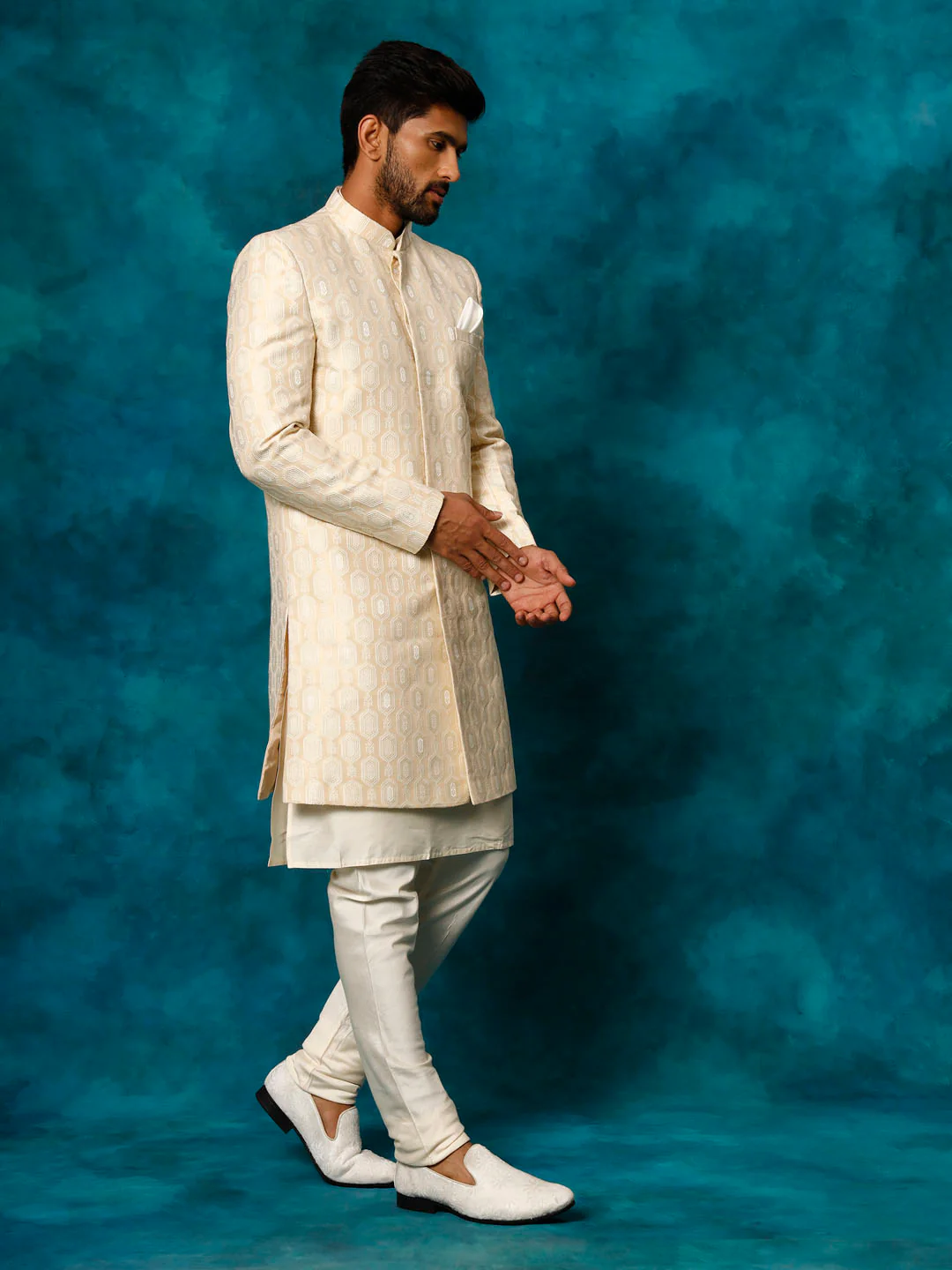 Men's Beige Imported Jacquard Indo With Kurta Pyjama Set - Image 2