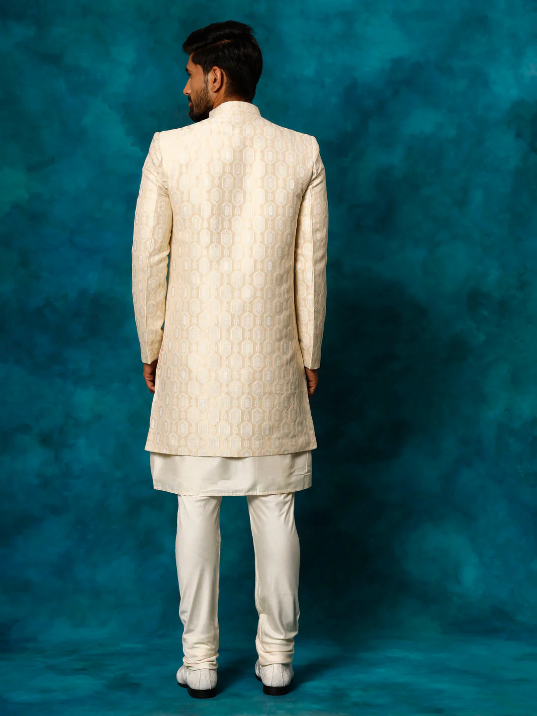 Men's Beige Imported Jacquard Indo With Kurta Pyjama Set - Image 3