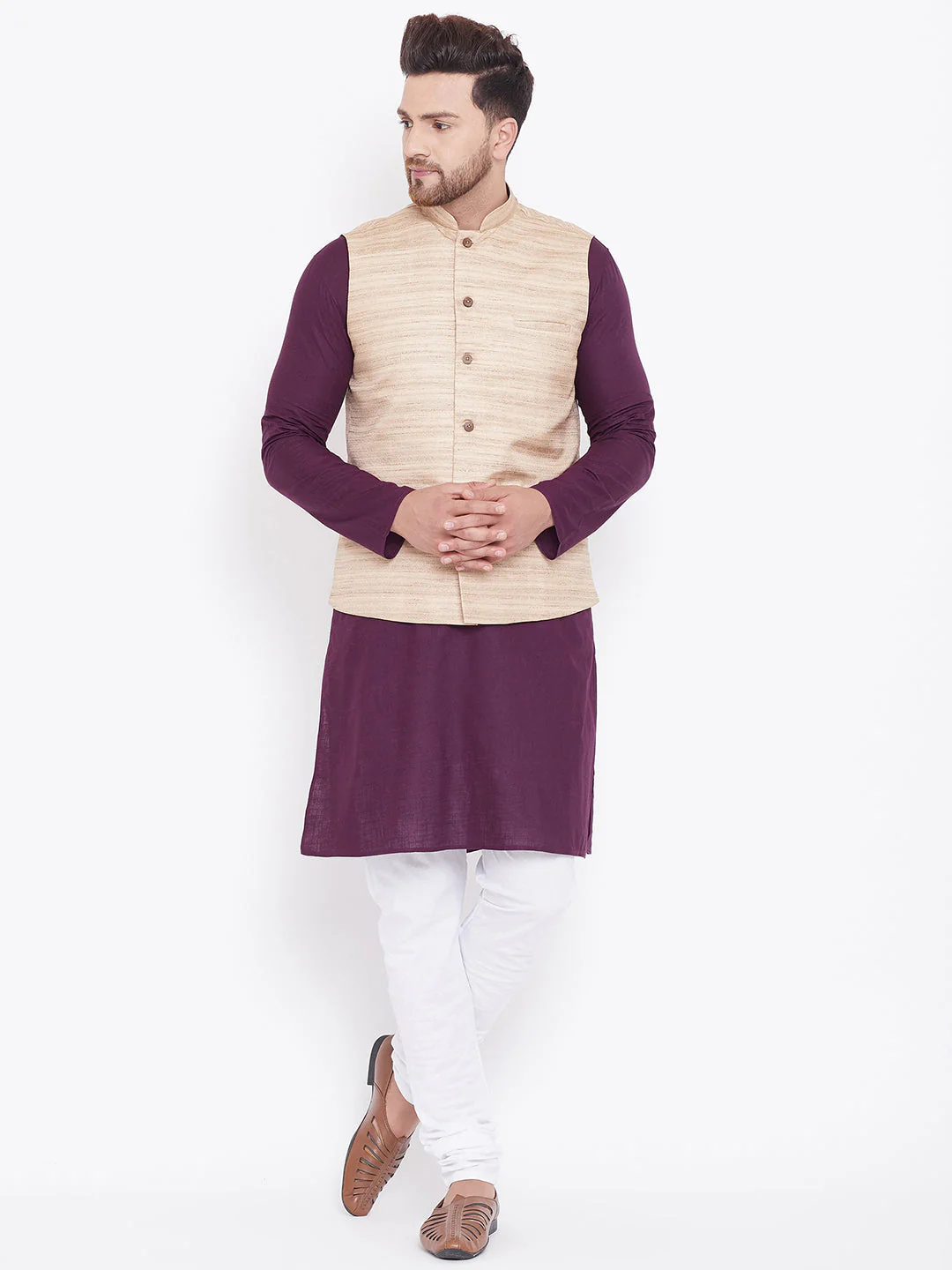 VASTRAMAY Men's Beige, Purple And White Cotton Blend Jacket, Kurta and Pyjama Set - Image 5