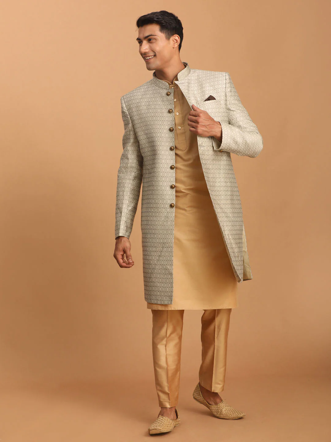 Men's Beige Silk Blend Sherwani With Rose Gold Kurta Pant Set - Image 2