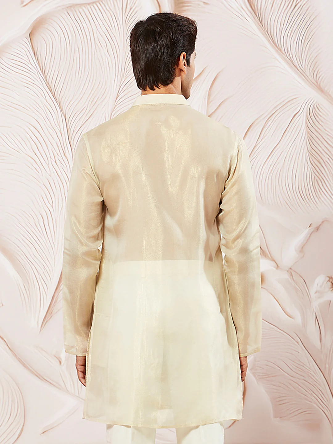 Men's Beige Tissue Silk Kurta - Image 4