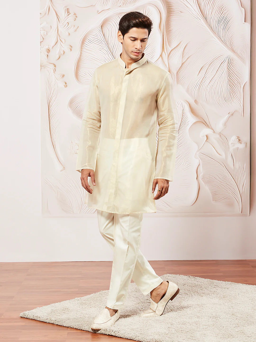 Men's Beige Tissue Silk Kurta Pyjama Set - Image 4
