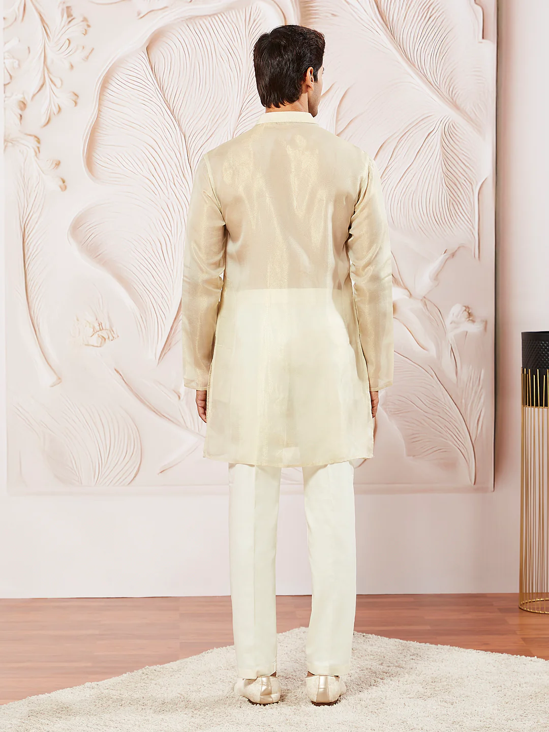 Men's Beige Tissue Silk Kurta Pyjama Set - Image 5