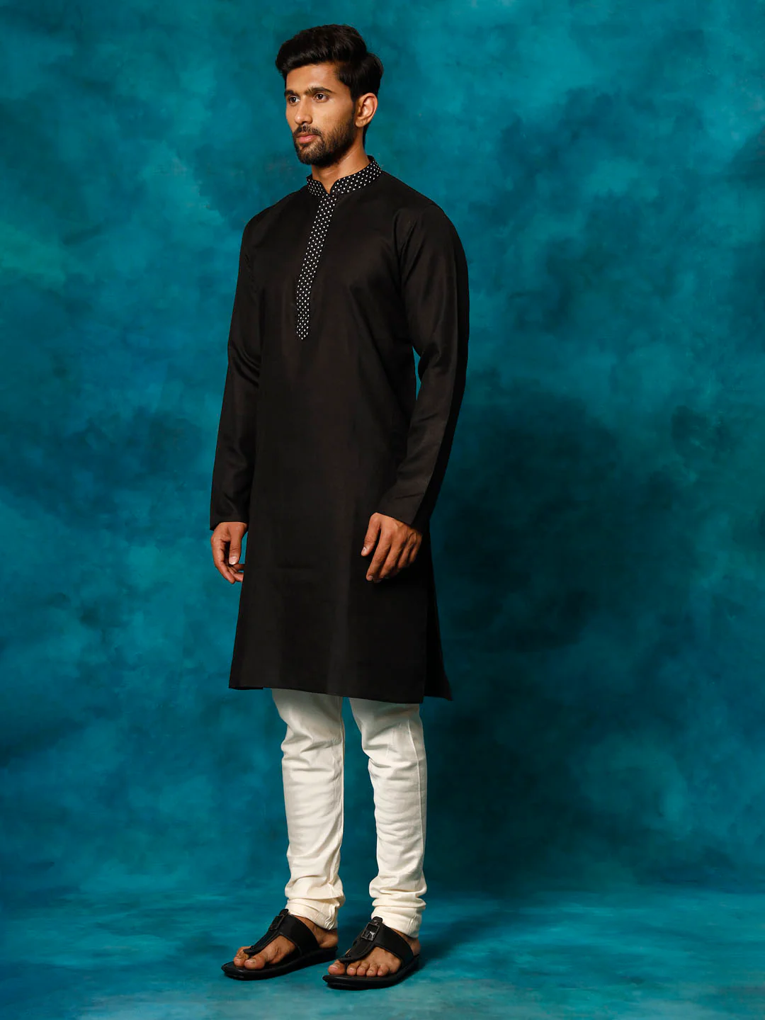 Men's Black And Cream Cotton Blend Kurta Pyjama Set - Image 8