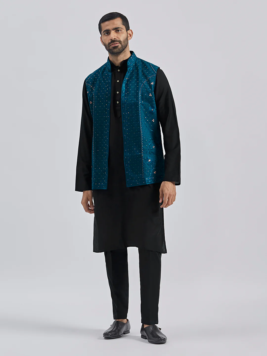 Men's Black And Turquoise Viscose Jacket, Kurta And Pyjama Set - Image 2