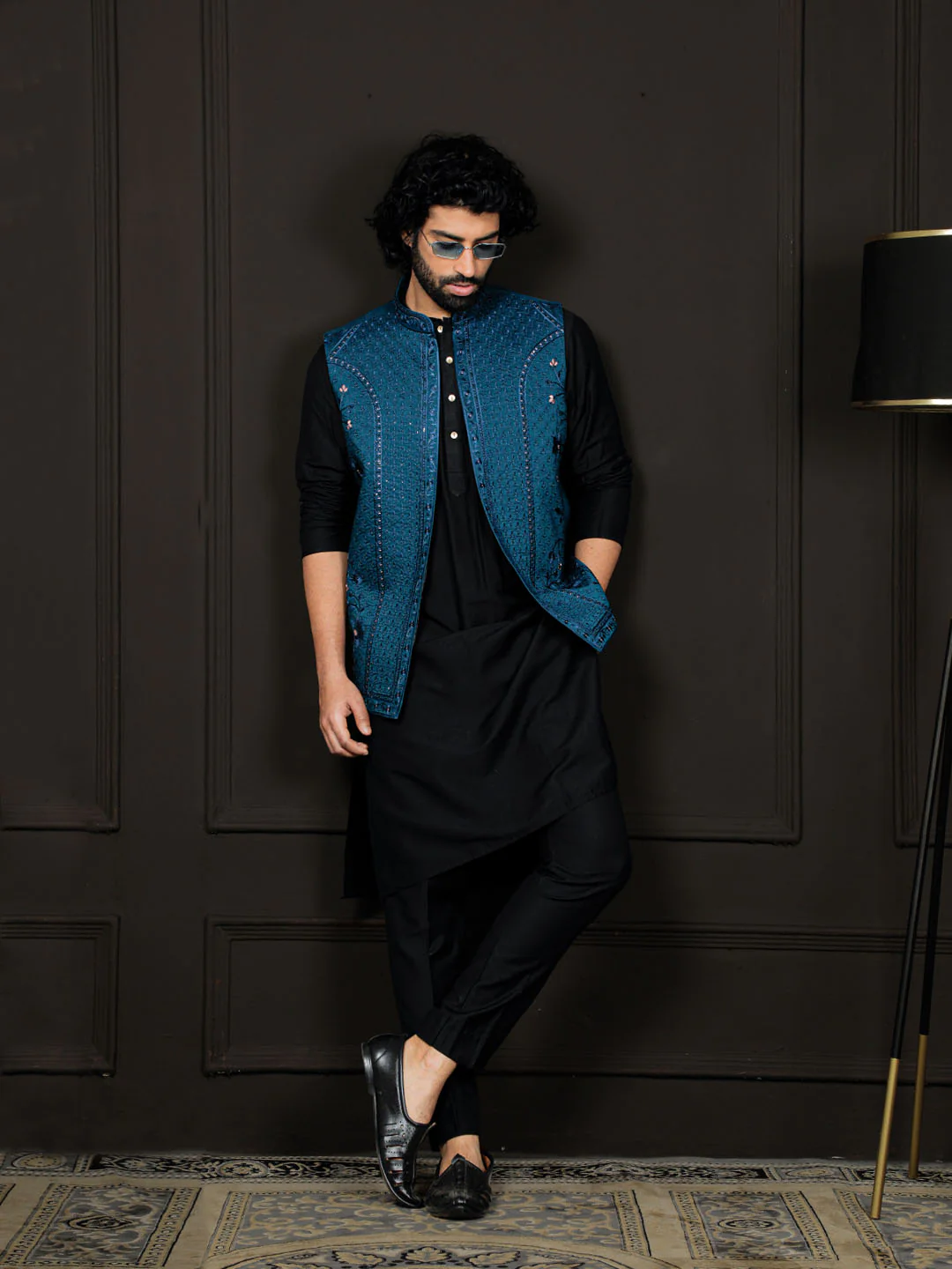 Men's Black And Turquoise Viscose Jacket, Kurta And Pyjama Set - Image 6