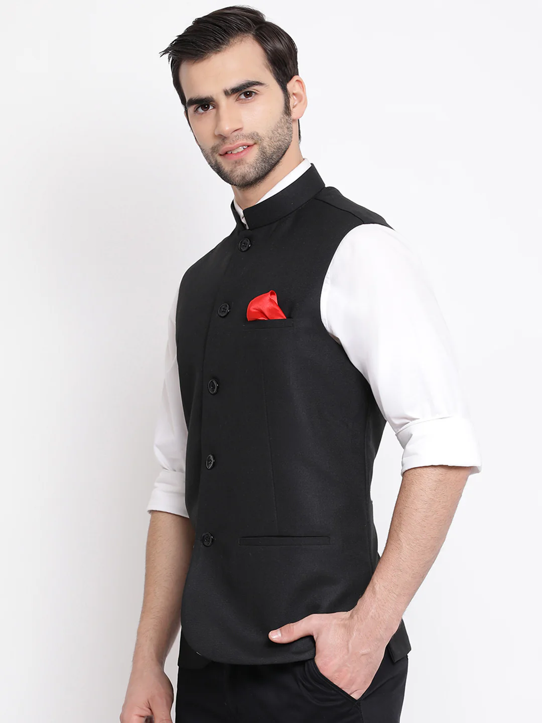Men's Black Cotton Silk Blend Nehru Jacket - Image 3