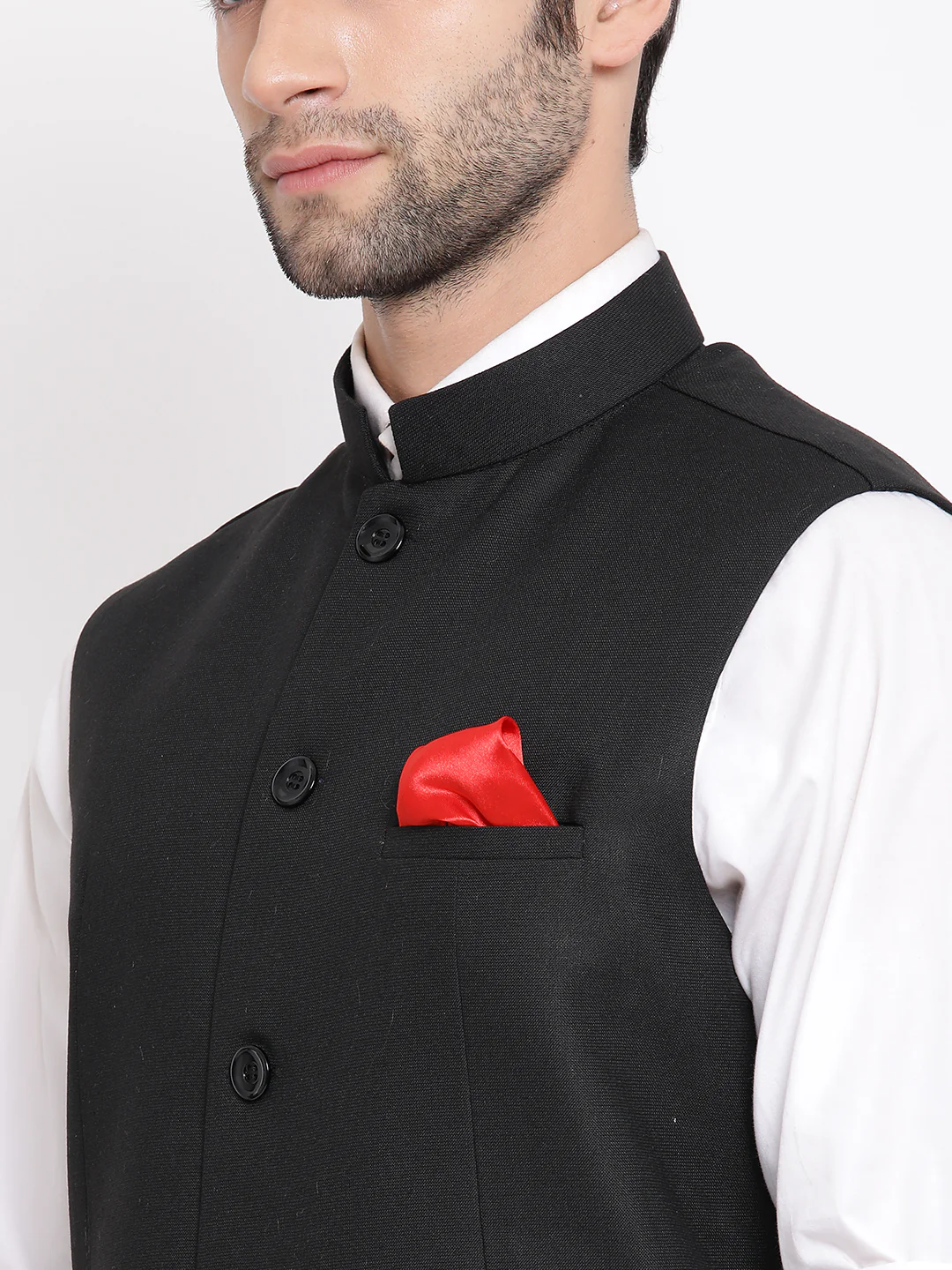 Men's Black Cotton Silk Blend Nehru Jacket - Image 5