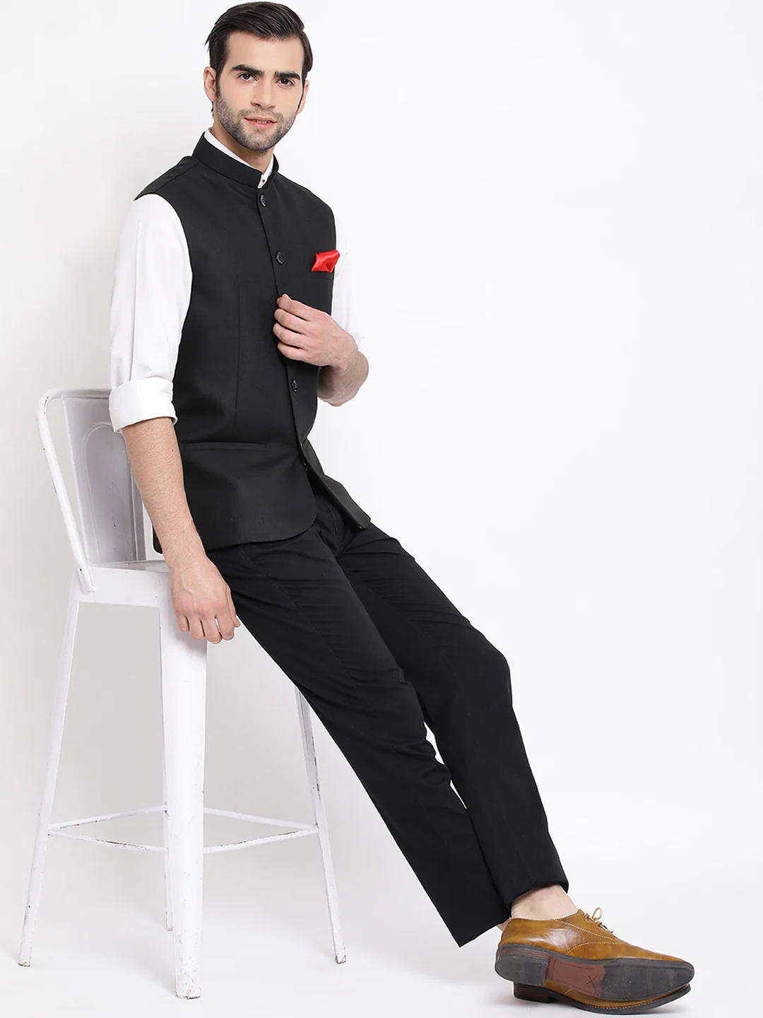 Men's Black Cotton Silk Blend Nehru Jacket - Image 6