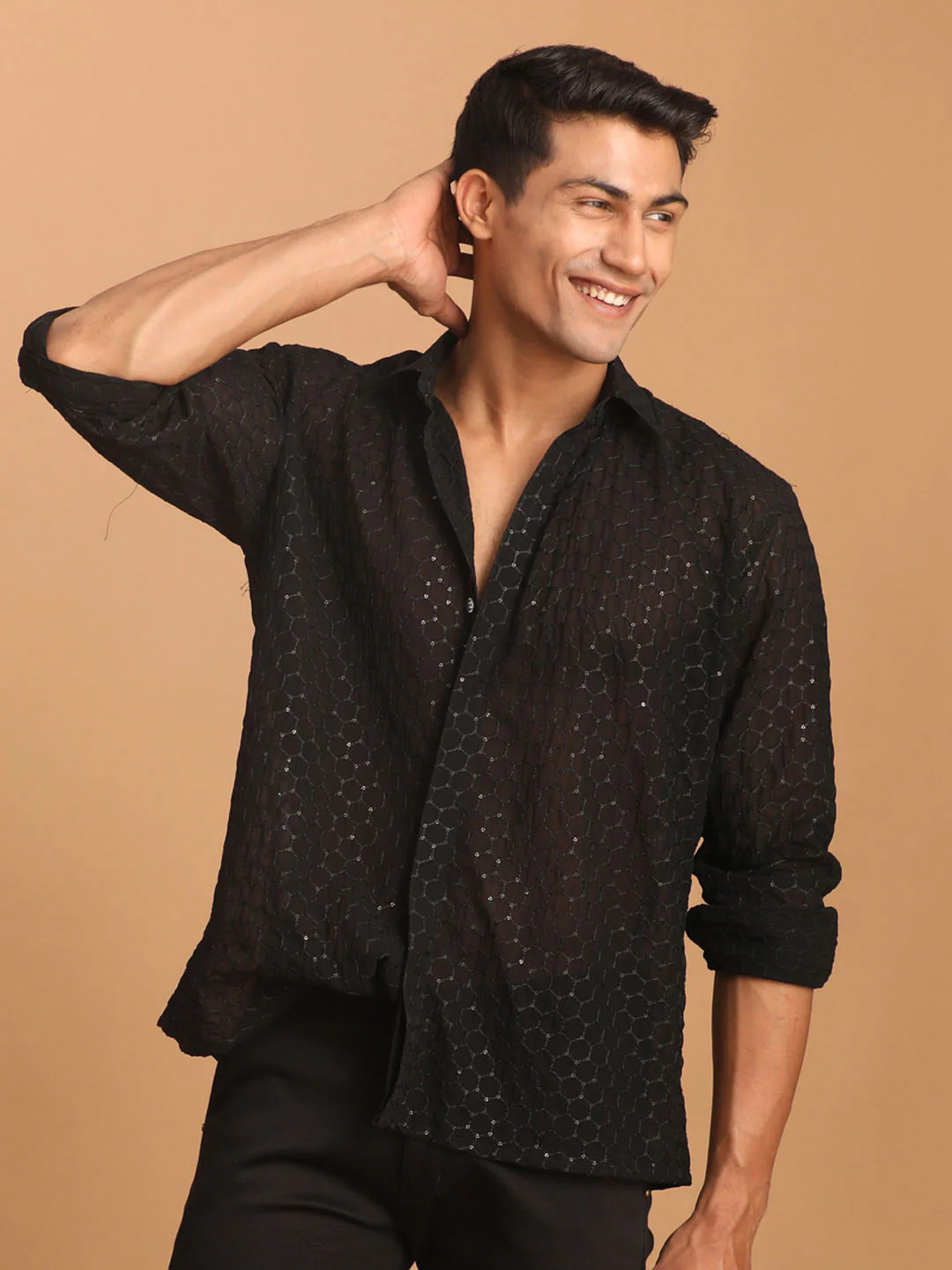 Men's Black Fancy Sequined Shirt - Image 2