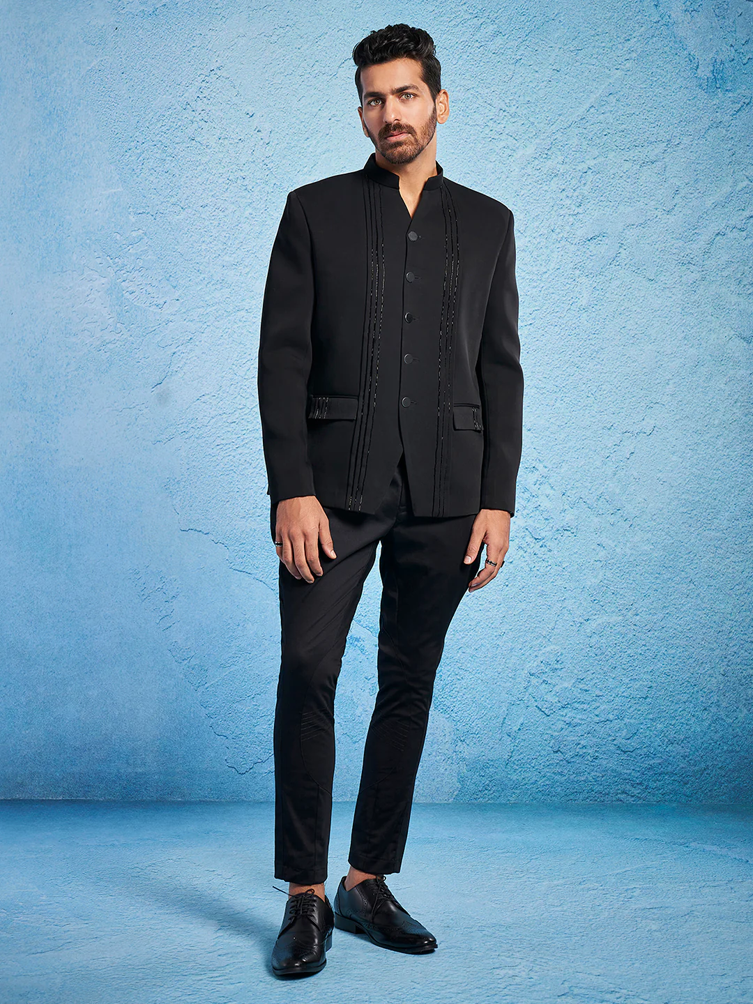 Men's Black Imported Suiting Jodhpuri And Pant Set - Image 2