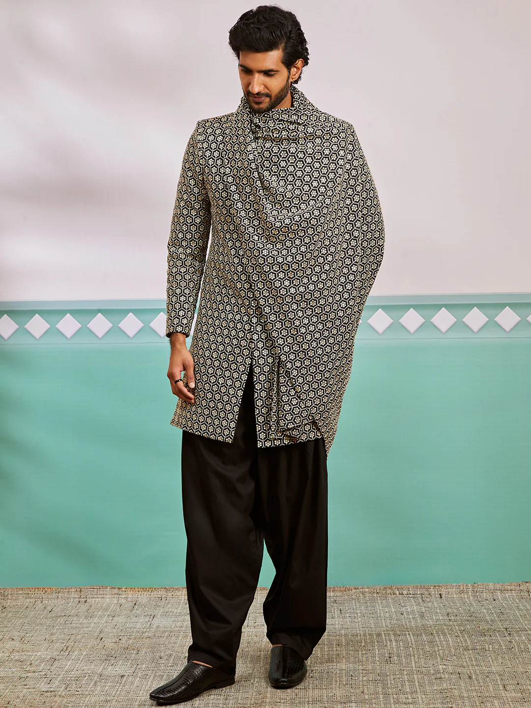 Men's Black Rayon Indo Western,Patiala And Dupatta Set - Image 2