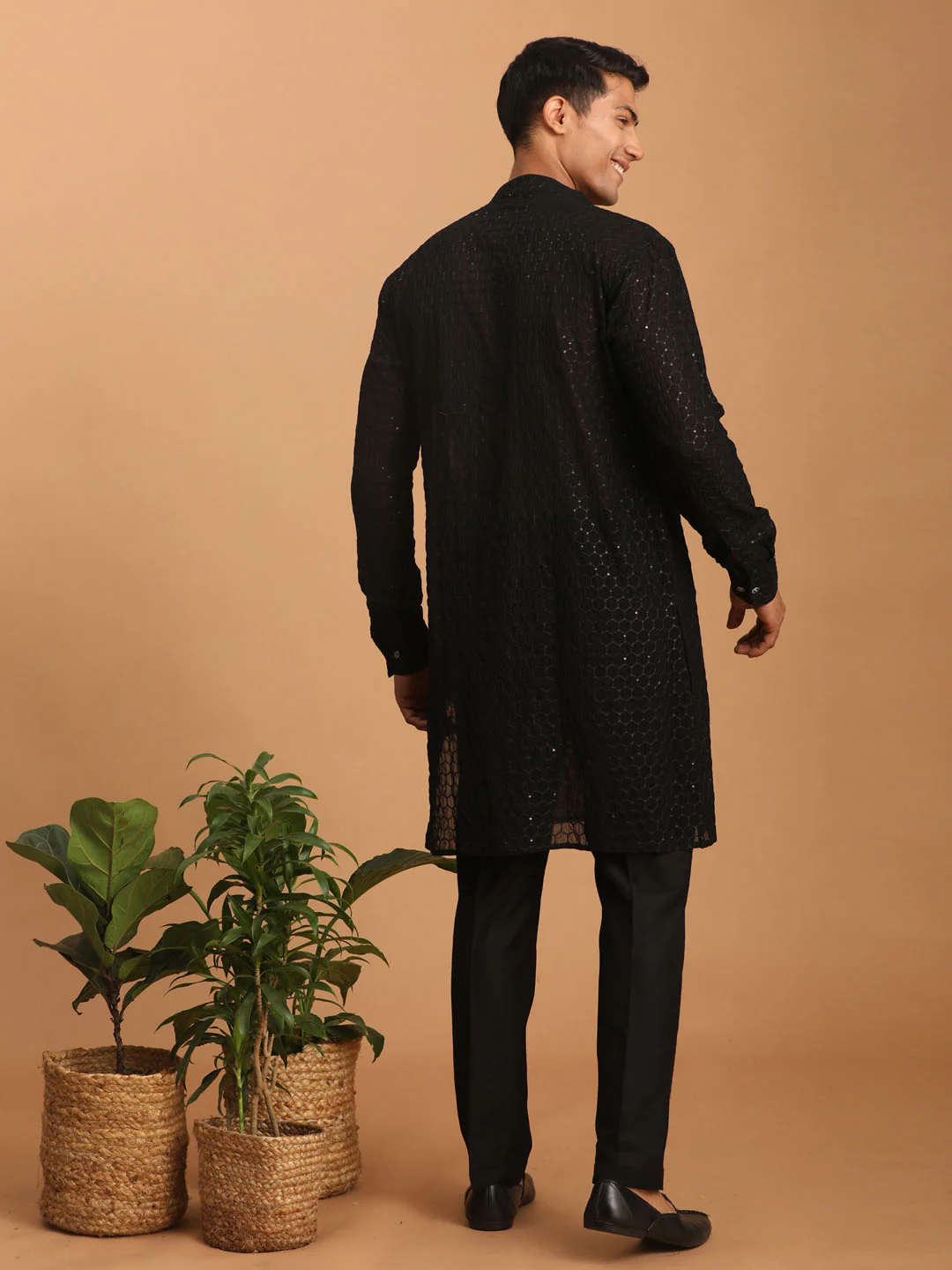 Men's Black Sequined Front Open Georgette Kurta With Pant - Image 3