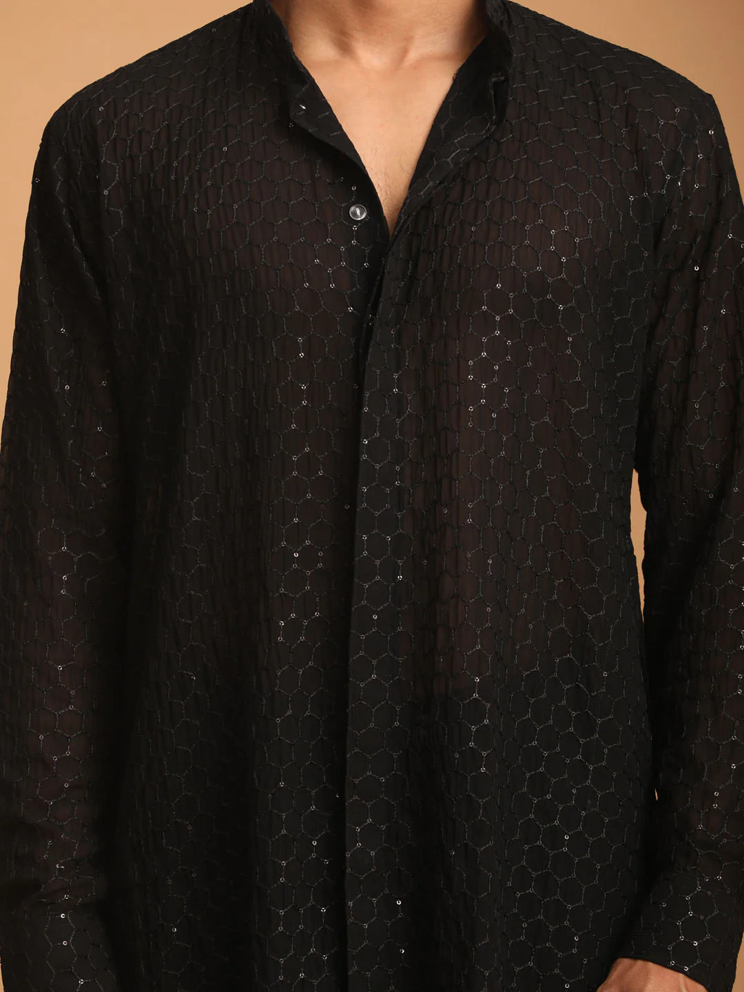 Men's Black Sequined Front Open Georgette Kurta With Pant - Image 4