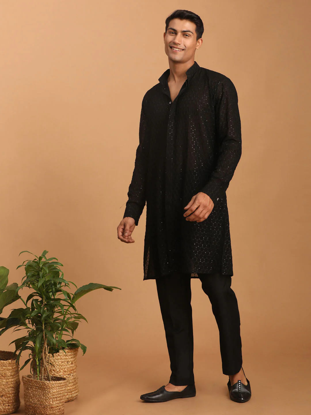 Men's Black Sequined Front Open Georgette Kurta With Pant - Image 6
