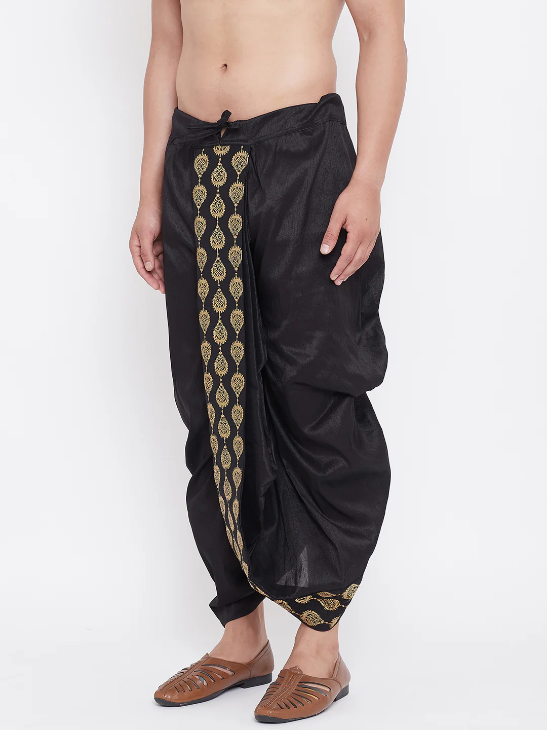 Men's Black Silk Blend Embroidered Dhoti - Image 2