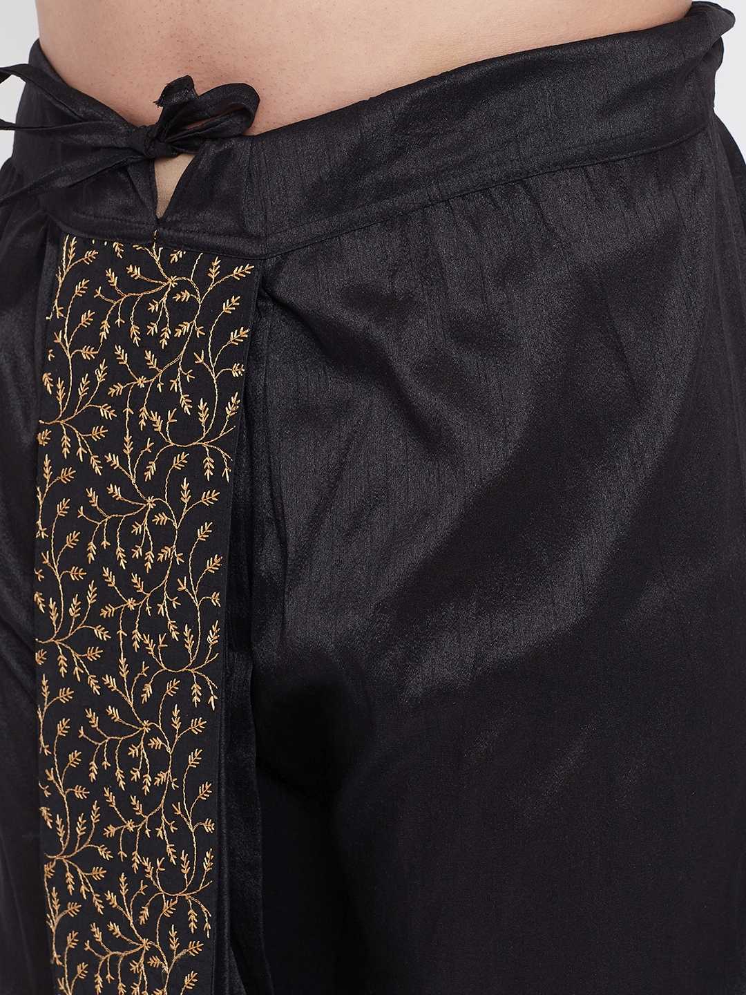 Men's Black Silk Blend Embroidered Dhoti - Image 4