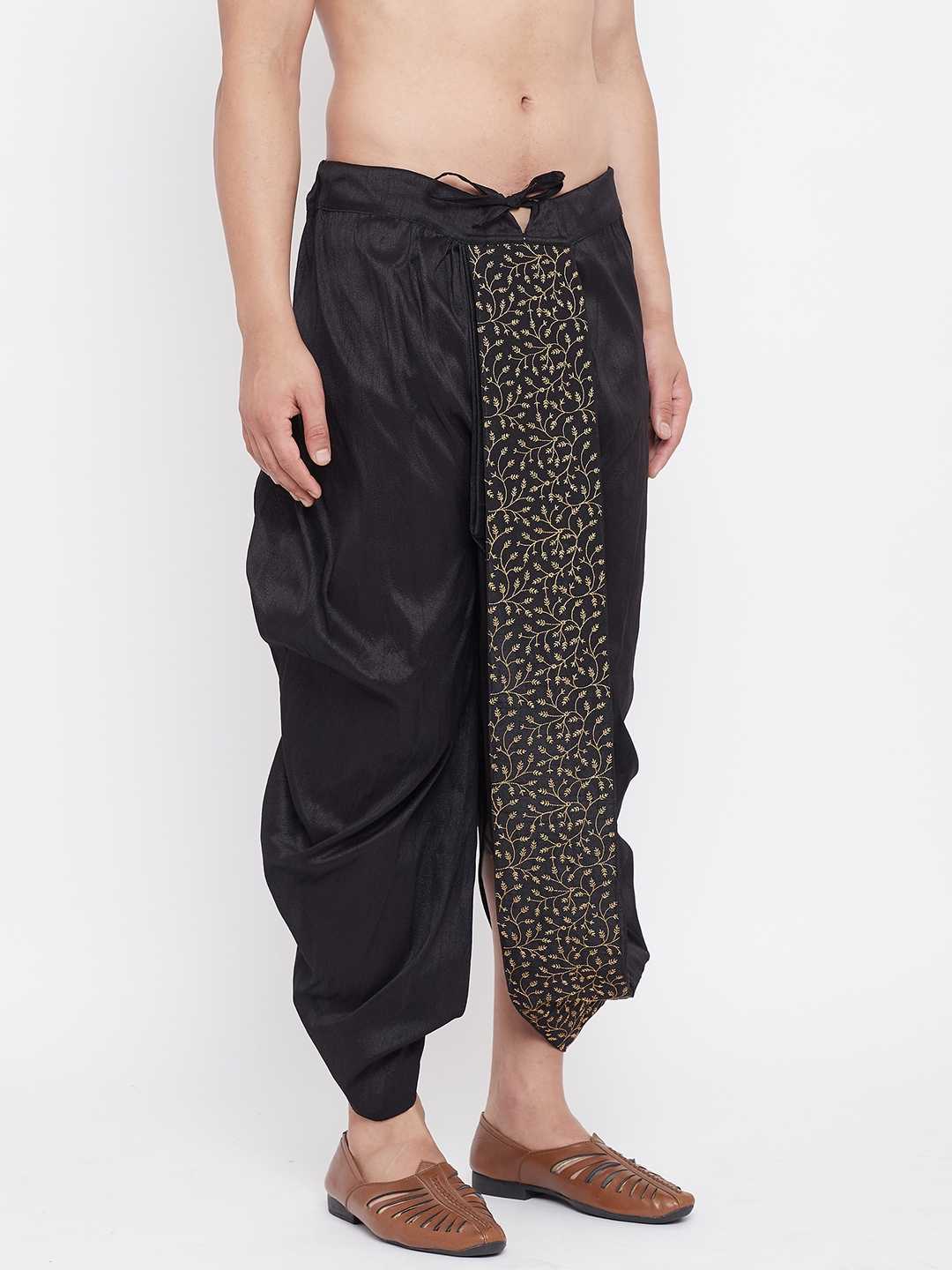 Men's Black Silk Blend Embroidered Dhoti - Image 5