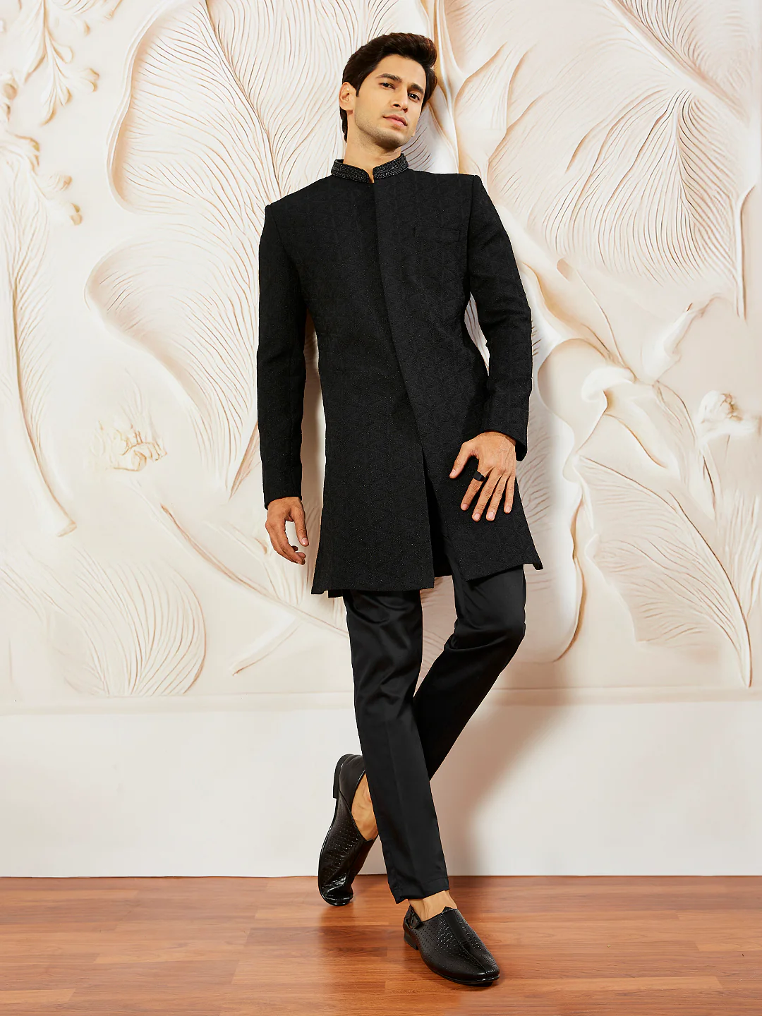 Men's Black Silk Blend Indo Western - Image 5