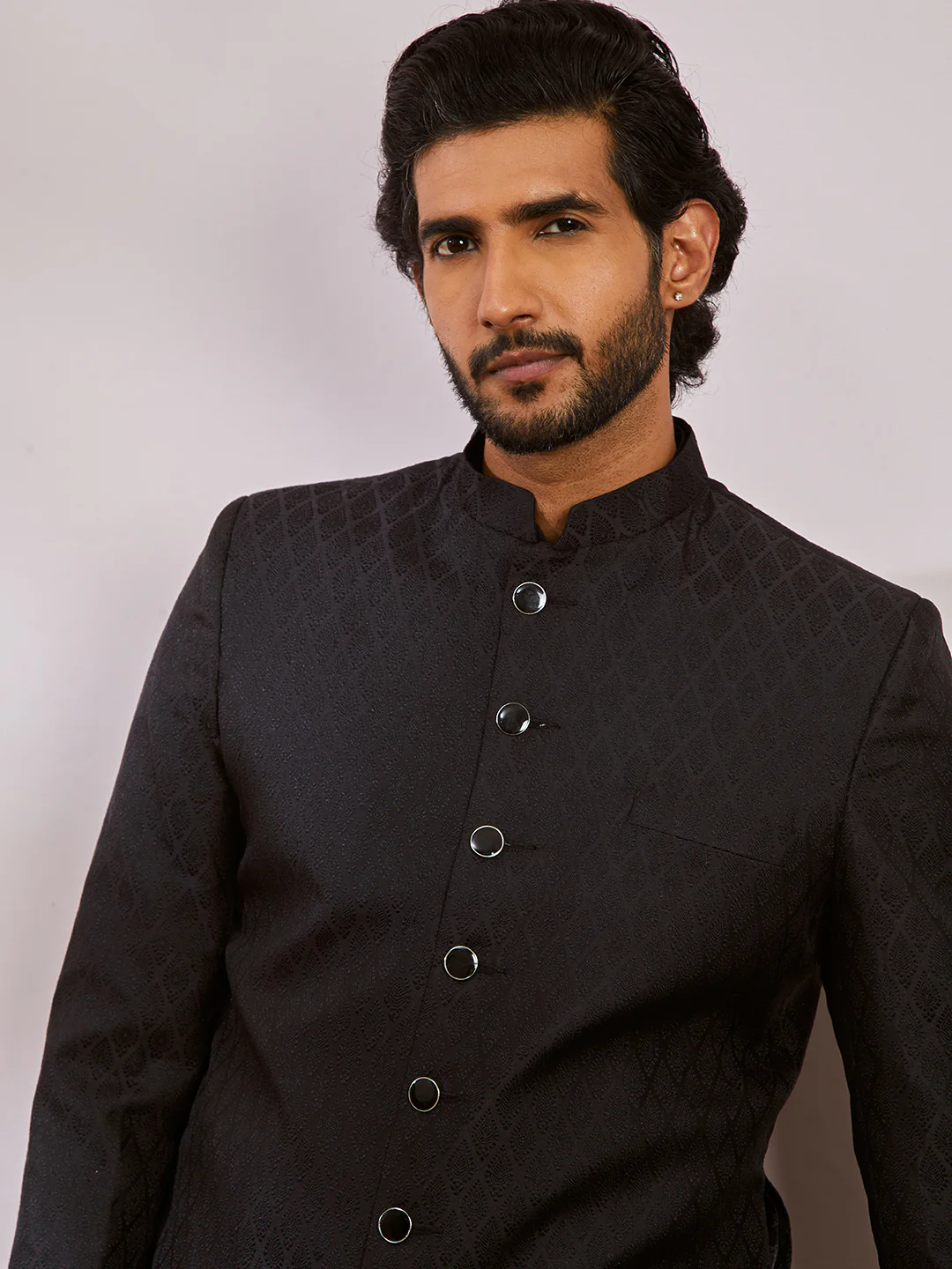 Men's Black Silk Blend Sherwani And Patiala Set - Image 4