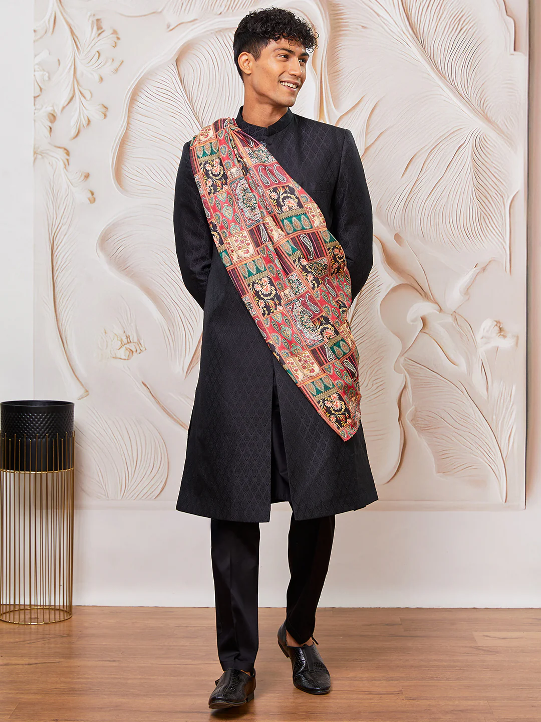 Men's Black Silk Blend Sherwani Pant And Dupatta Set - Image 5