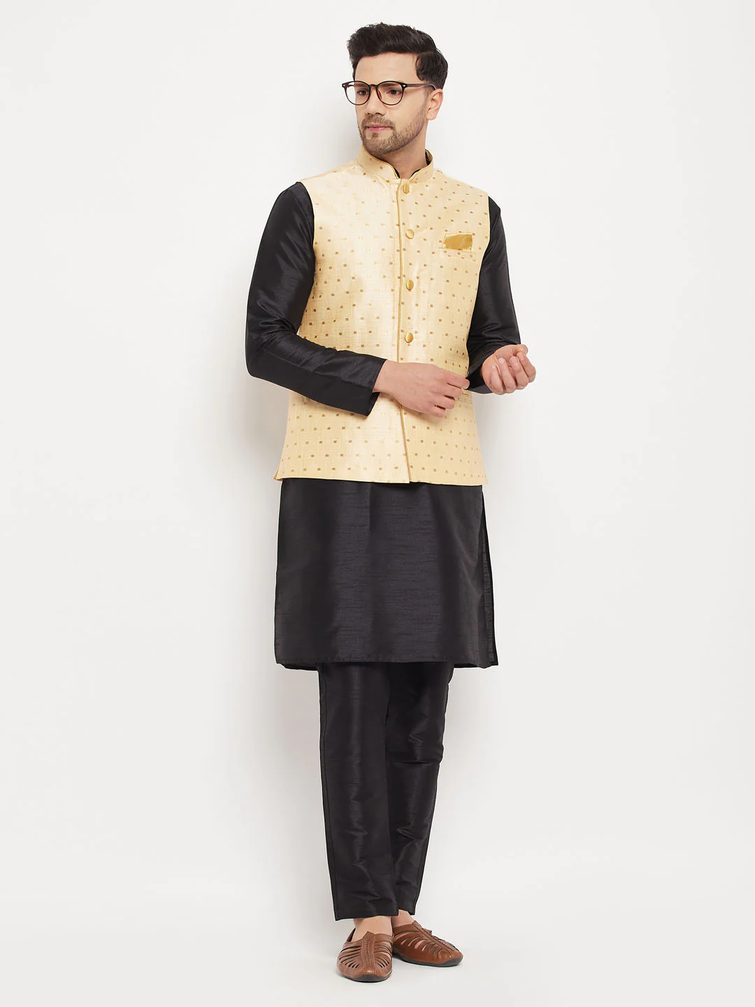 Men's Gold Zari Weaved Jacket With Kurta Pant Set - Image 7
