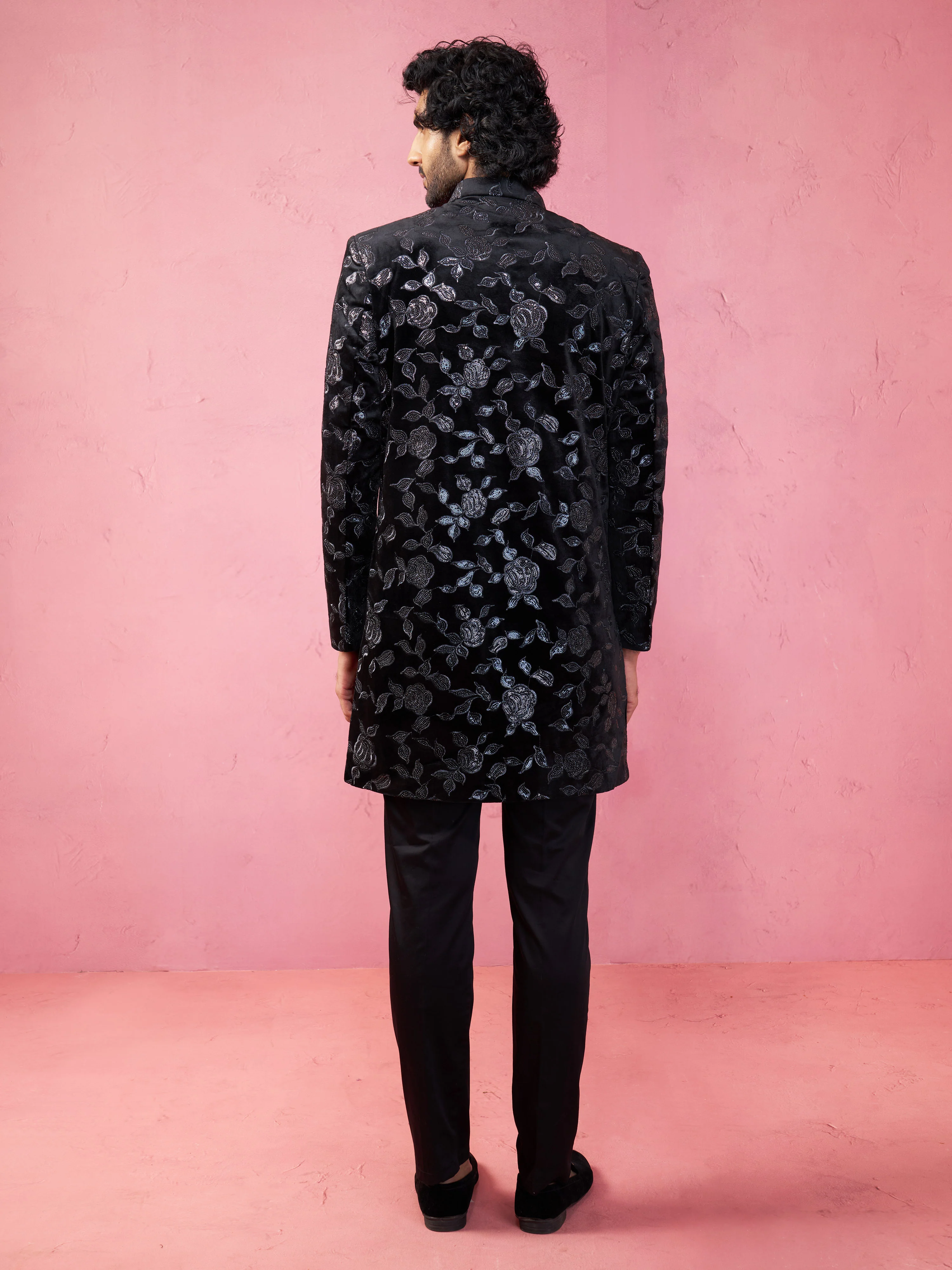 Men's Black Velvet Sherwani Set - Image 5