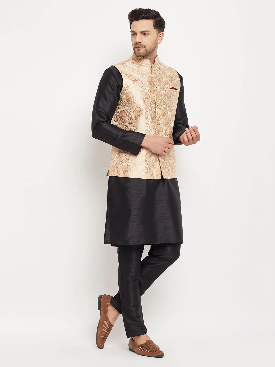 Men's Rose Gold Jacquard Jacket With Kurta And Pant Set - Image 2