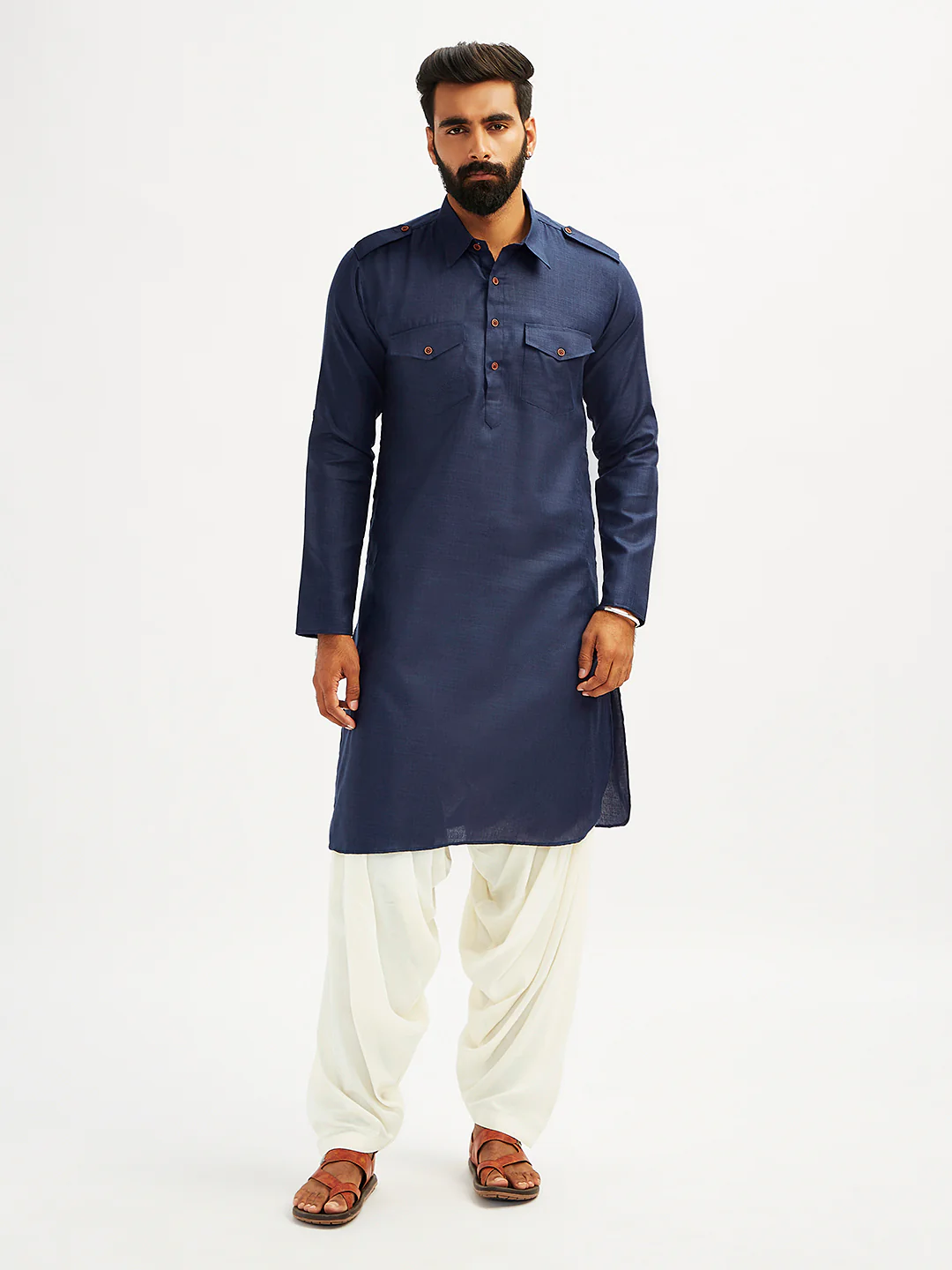 Men's Blue And Cream Cotton Blend Pathani Kurta Set - Image 2