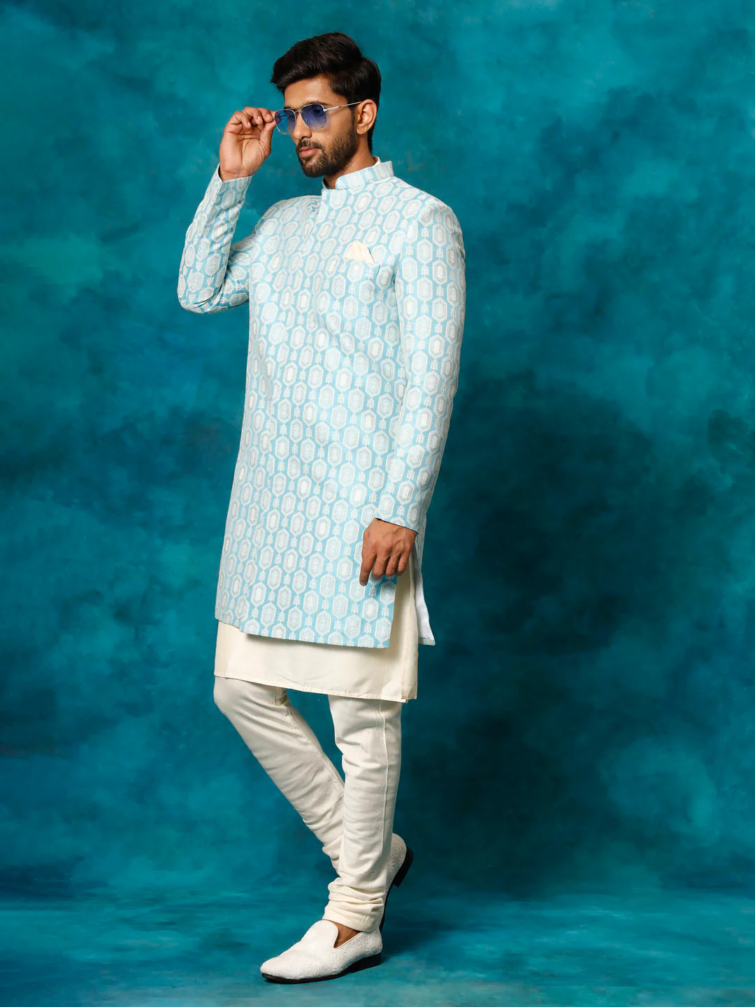 Men's Blue Imported Jacquard Indo With Kurta Pyjama Set - Image 2