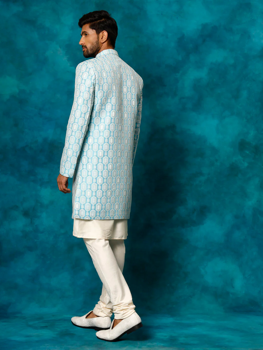 Men's Blue Imported Jacquard Indo With Kurta Pyjama Set - Image 3