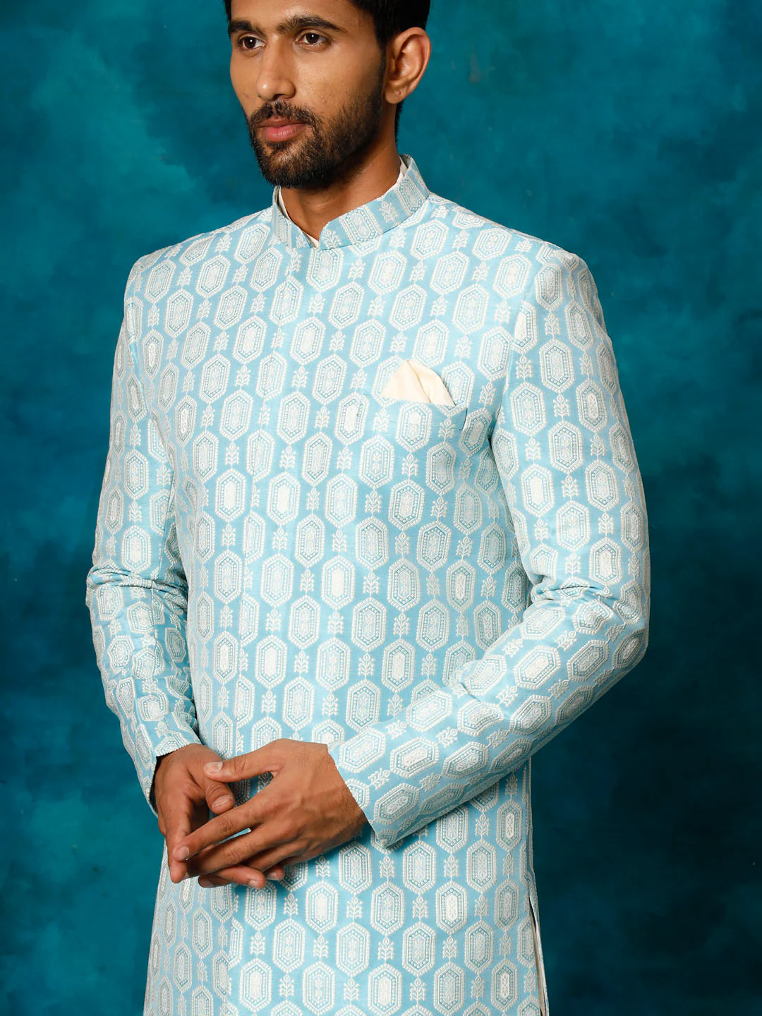 Men's Blue Imported Jacquard Indo With Kurta Pyjama Set - Image 4