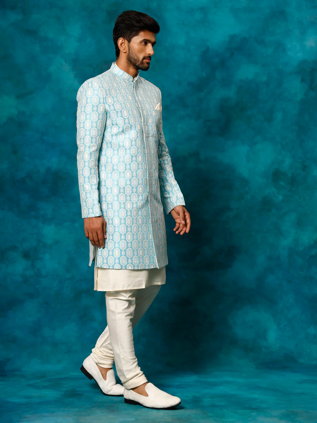 Men's Blue Imported Jacquard Indo With Kurta Pyjama Set - Image 6